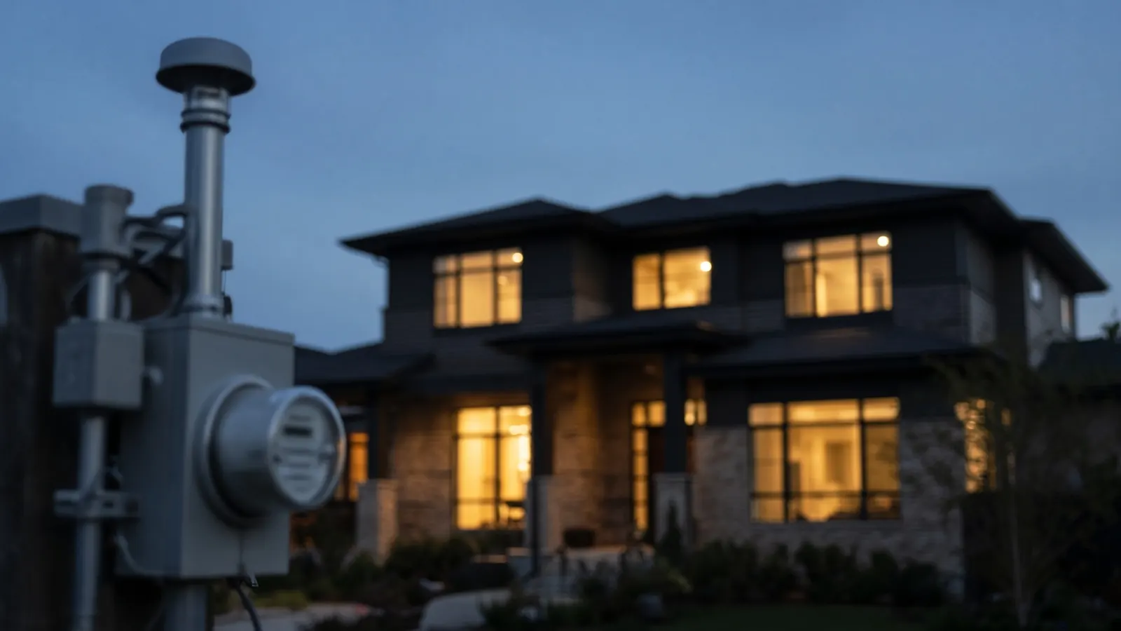 A modern home at dusk with the service entrance in the foreground.