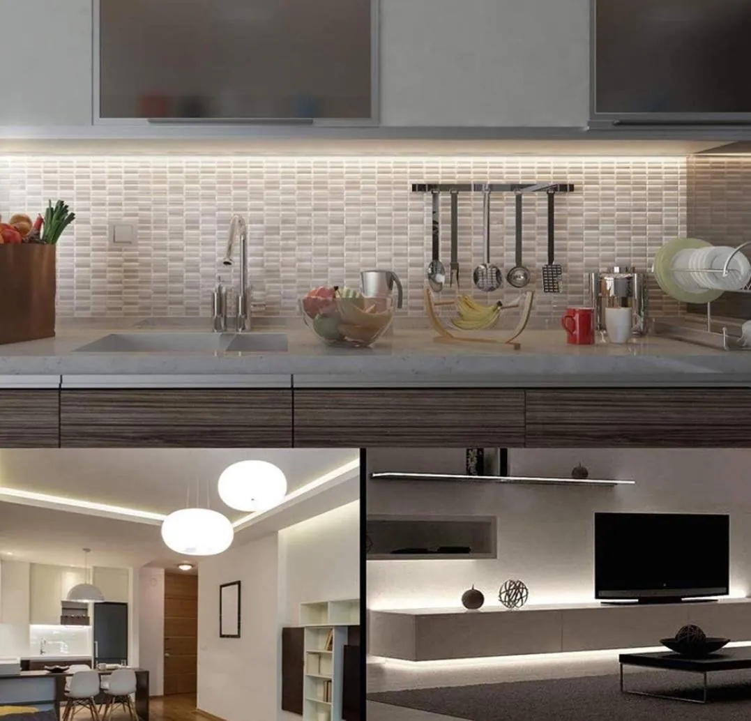 Under-cabinet kitchen lighting, cove lighting, and a glowing media wall.