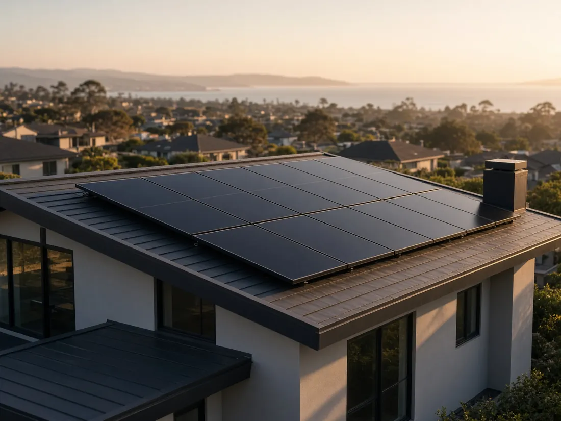 Custom rooftop solar array aligned to a modern home at golden hour.